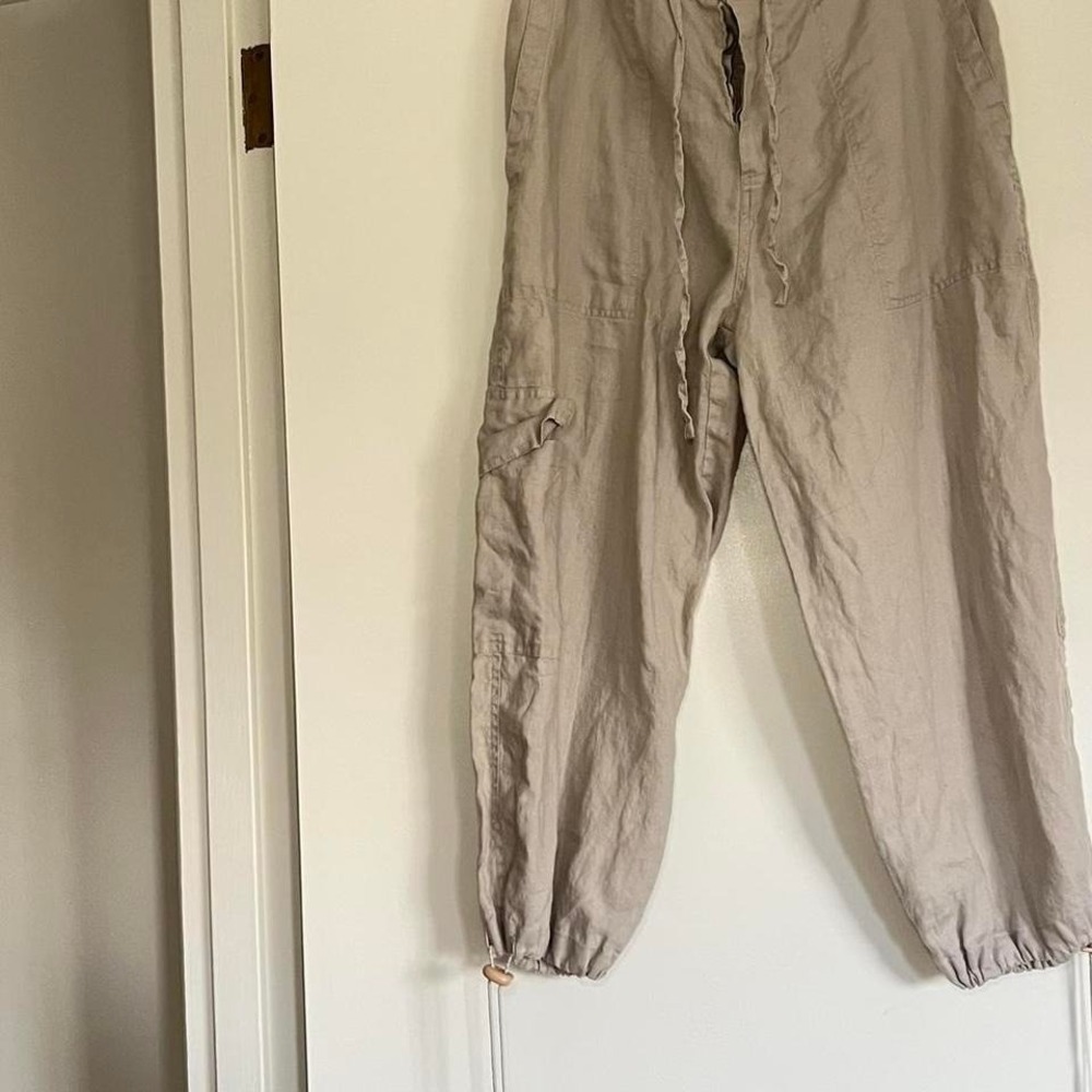 Boho 100% Linen Taupe Drawstring Cargo Pants – Relaxed Fit - Picture 3 of 7